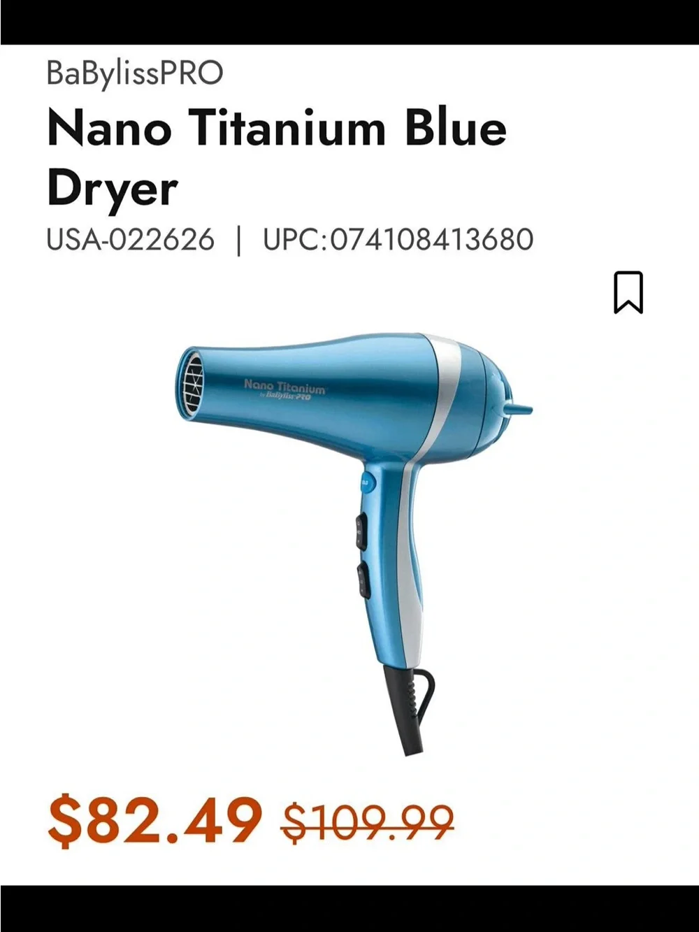BaByliss Metallic Blue Nano Titanium Hair Dryer with Italian Flag Accent